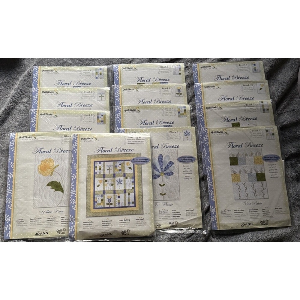 Lot 12 Quilt Blocks Collection "Floral Breeze" Pattern Sets & Setting Kit Sealed